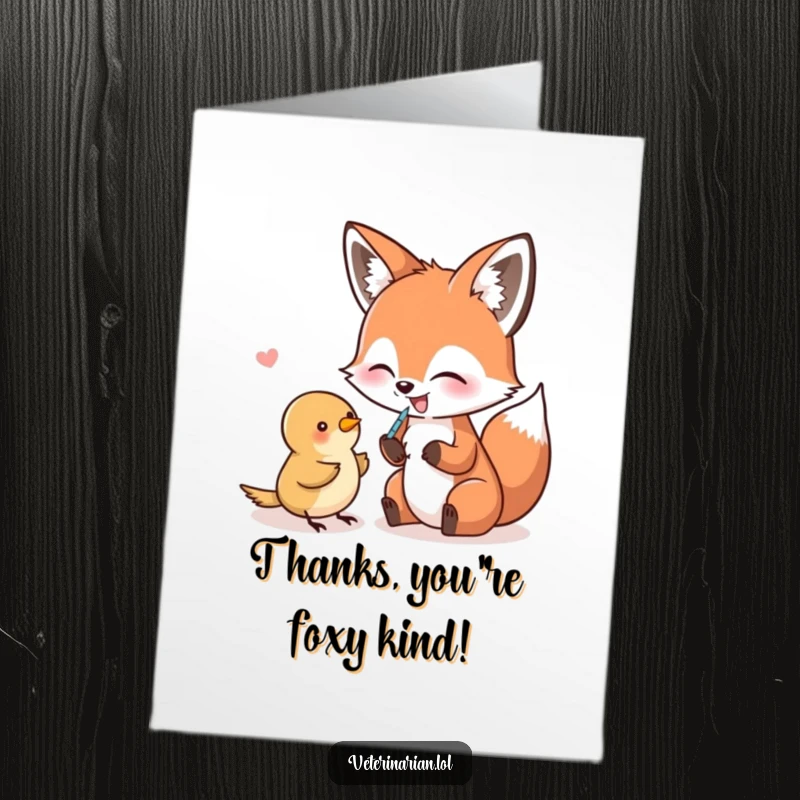 Funny Free Printable Thank You Card: A giggling fox pretends to administer a shot to a small bird, humorously.