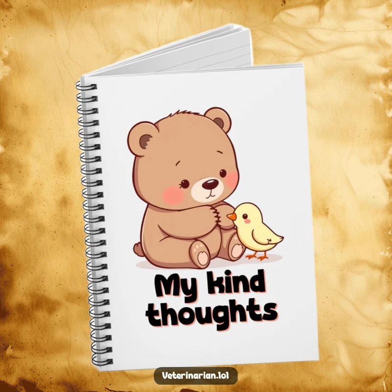 Funny notebook cover with a gentle bear comforting a small bird, designed for jotting down kind thoughts.