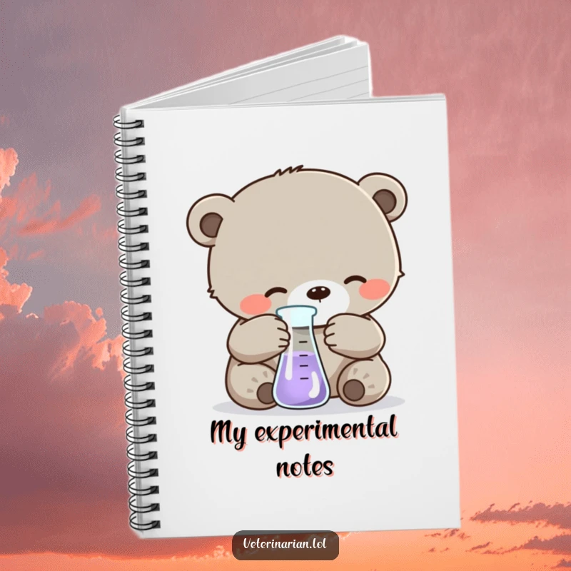 Funny notebook design with a gentle bear cub measuring liquid in a beaker, ideal for capturing scientific notes and ideas with charm.