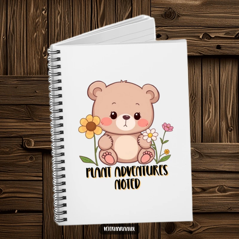 Funny bear notebook, a curious bear sniffing a flower with a gentle expression, perfect for journaling.