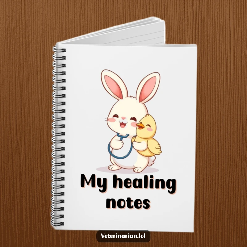 Funny notebook cover with a cheerful bunny vet wearing a stethoscope, tending to a smiling bird.