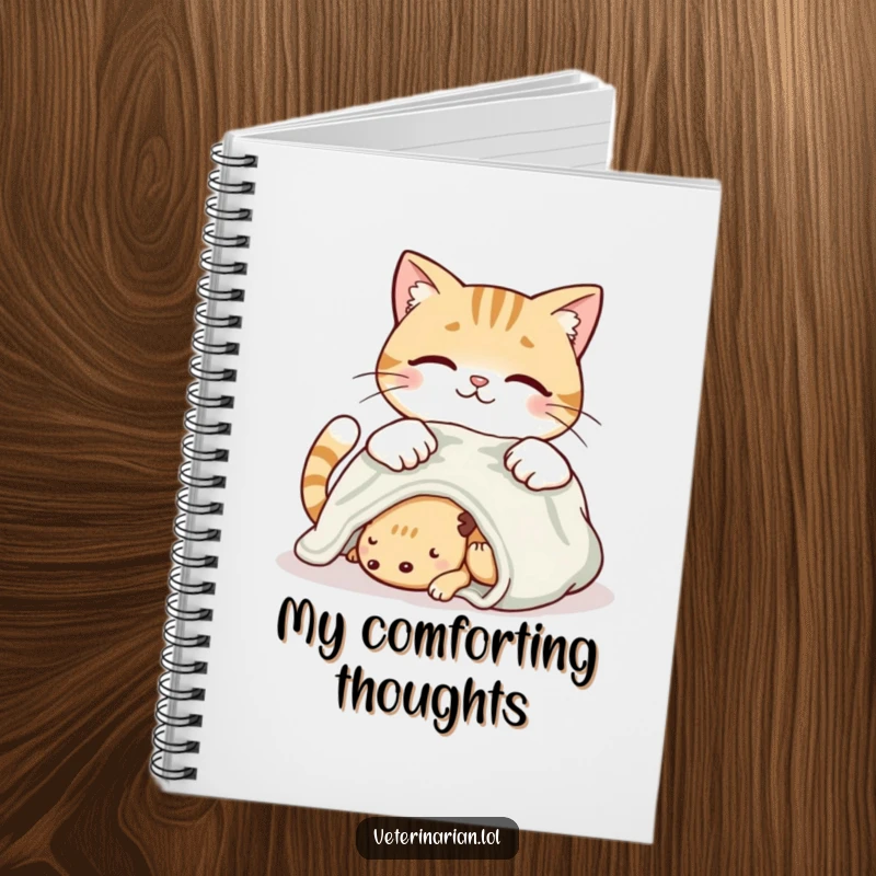 Funny smiling cat notebook depicting a cat placing a soft blanket on a resting creature with loving care.