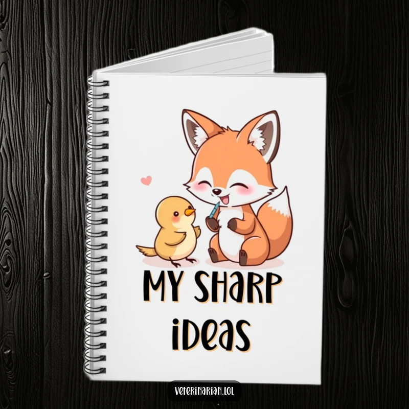 Funny Notebook cover with a giggling fox and a bird, pretending to give a shot, designed for jotting down humorous thoughts.