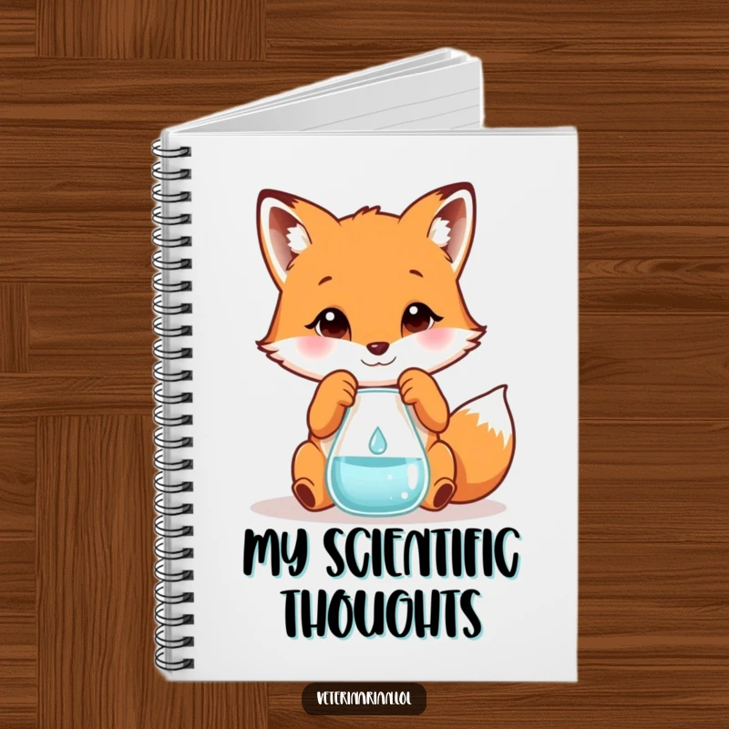 Funny notebook cover featuring a playful fox carefully measuring a tiny droplet into a beaker, ideal for humorous note-taking.