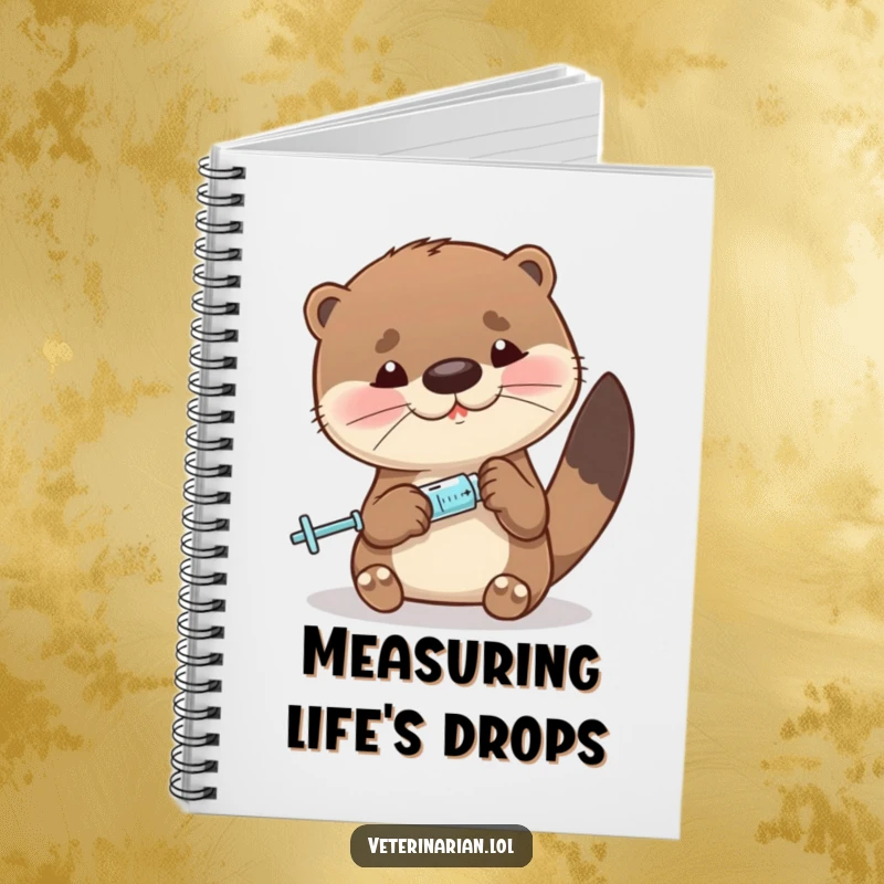 Funny otter notebook showing a cute character precisely measuring liquid with a tiny syringe, ideal for accurate notes.