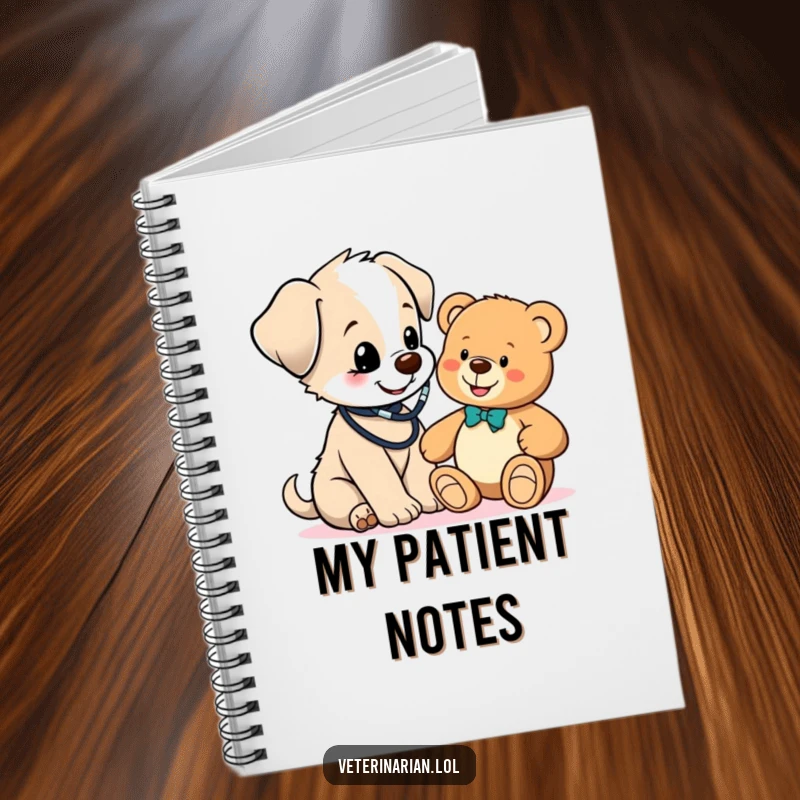 Funny cute puppy vet notebook, a puppy doctor with a stethoscope examines a teddy bear, perfect for capturing sweet and humorous thoughts.