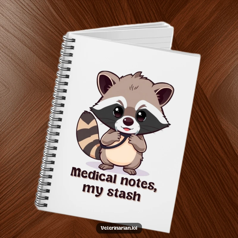Funny raccoon doctor notebook, a determined raccoon polishing a stethoscope with a focused gaze, great for notes.
