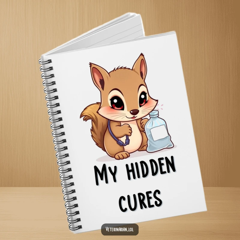 Funny notebook cover with a curious squirrel vet peering into a small medicine bag with wide, knowing eyes, designed for jotting down insightful notes.