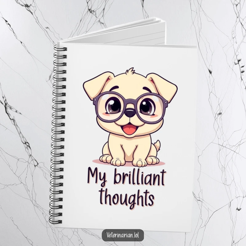 Funny notebook cover with a happy puppy wearing oversized prescription glasses, looking up inquisitively.