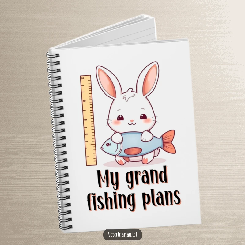 Funny rabbit fish measure notebook showing a gentle rabbit measuring a fish, perfect for note-taking with a blend of natural humor and charm.