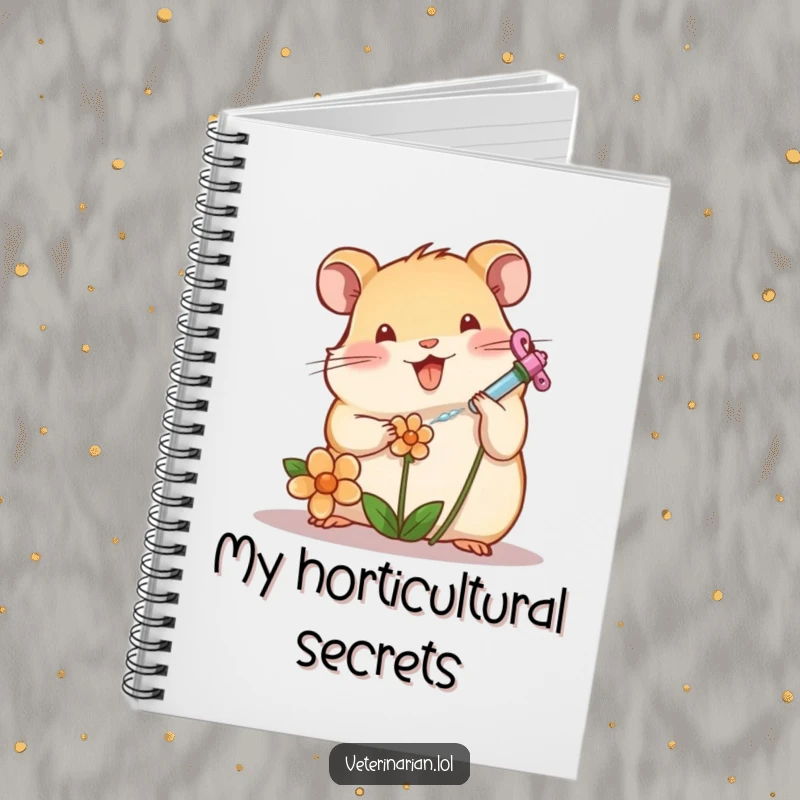 Funny hamster character tending a wilting flower with a syringe on a notebook cover, ideal funny gift.