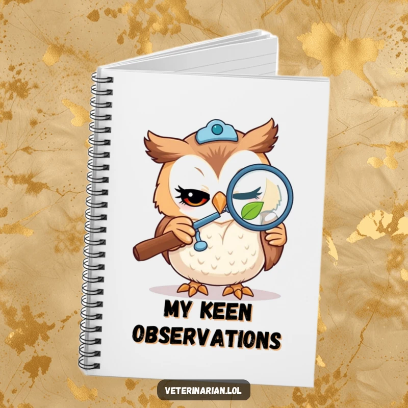 Funny notebook cover with a winking owl vet examining a tiny leaf with a magnifying glass, designed for capturing clever observations.