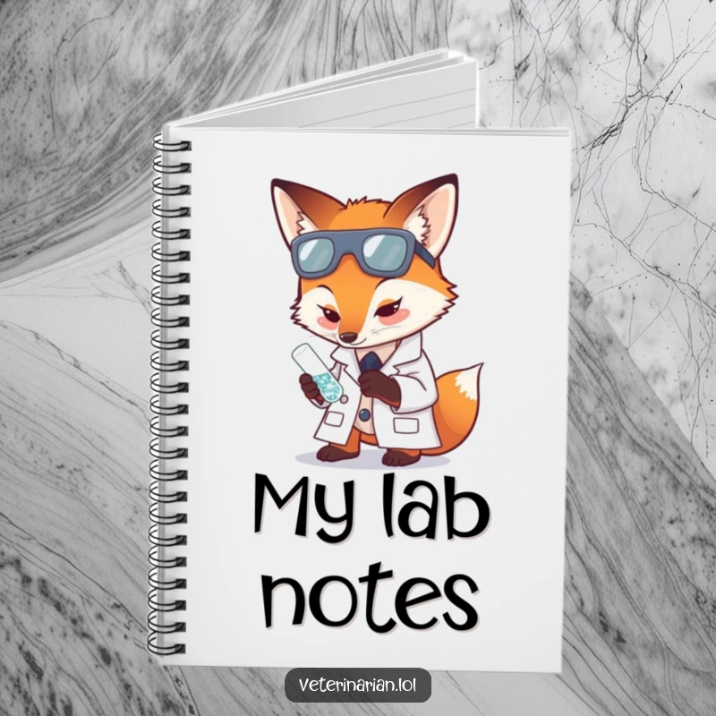 Funny notebook cover with a fox in a lab coat carefully examining a tiny, sparkling test tube.