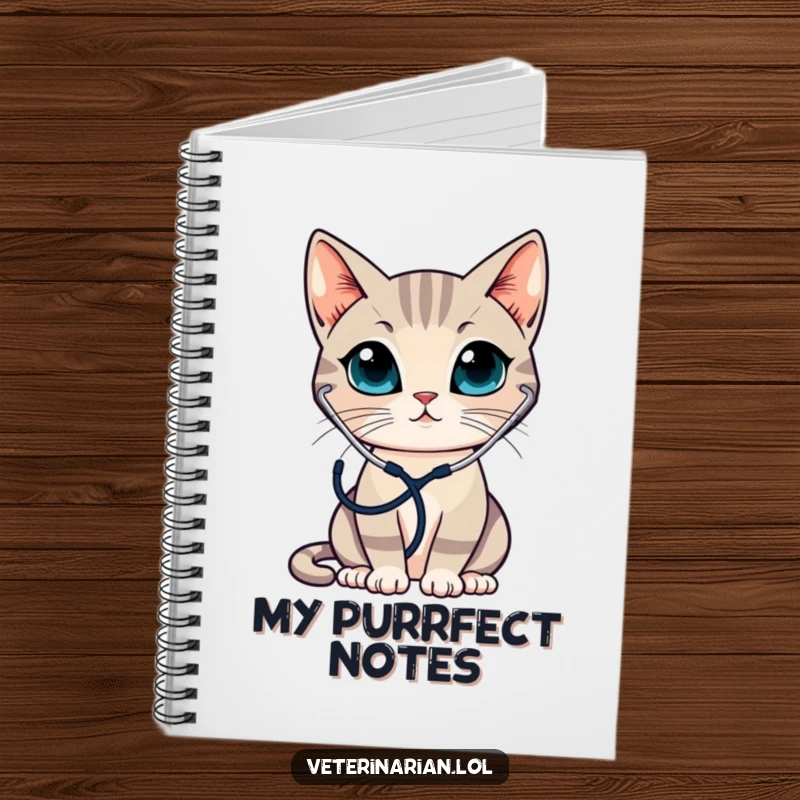 Funny notebook with a sleek cat wearing a stethoscope, attentively listening, ideal for notes and medical observations.