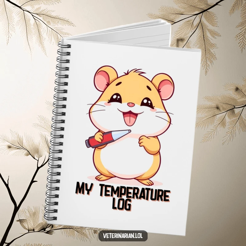Funny Hamster Notebook: Cover features a cheerful cartoon hamster with a thermometer, ideal for jotting down notes with humor, a funny gift.