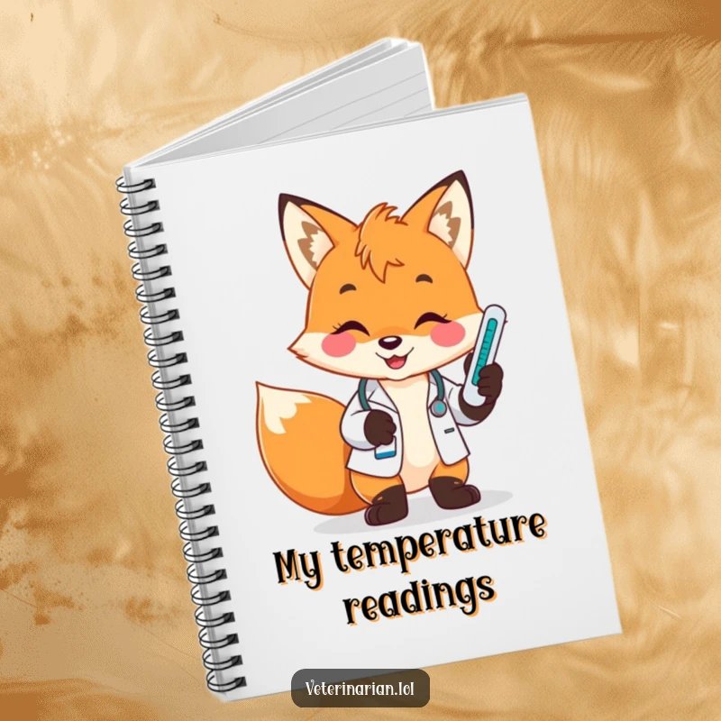 Funny fox vet notebook, a playful fox with a bright smile holds a thermometer and checks its reading attentively.