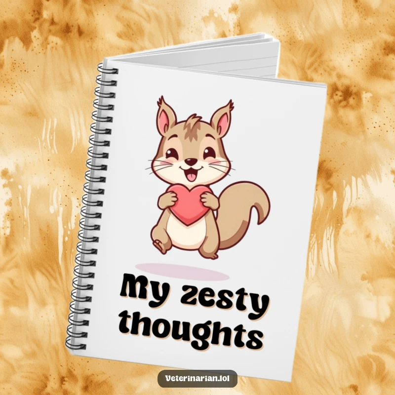 Funny notebook featuring an energetic squirrel bouncing a healthy heart icon, perfect for active note-taking.