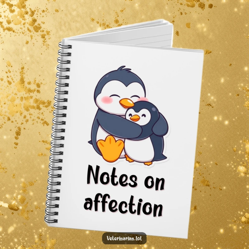 Funny notebook with a goofy penguin character hugging a stuffed penguin, perfect for jotting down notes with a smile.