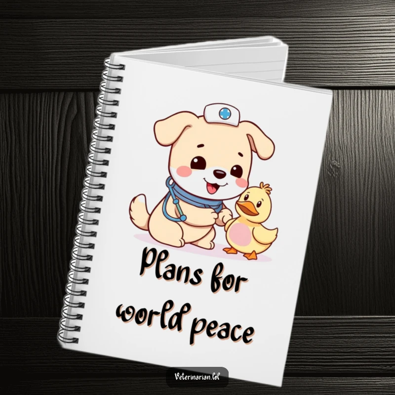 Funny dog vet notebook, a cheerful dog wearing a small hat bandages a toy duck with a very concerned look.