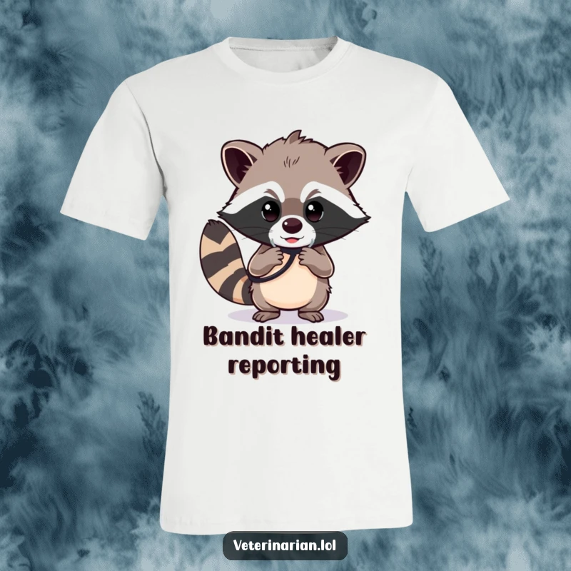 Funny raccoon doctor t-shirt, a determined raccoon polishing a stethoscope with a focused gaze, showing dedication and skill.