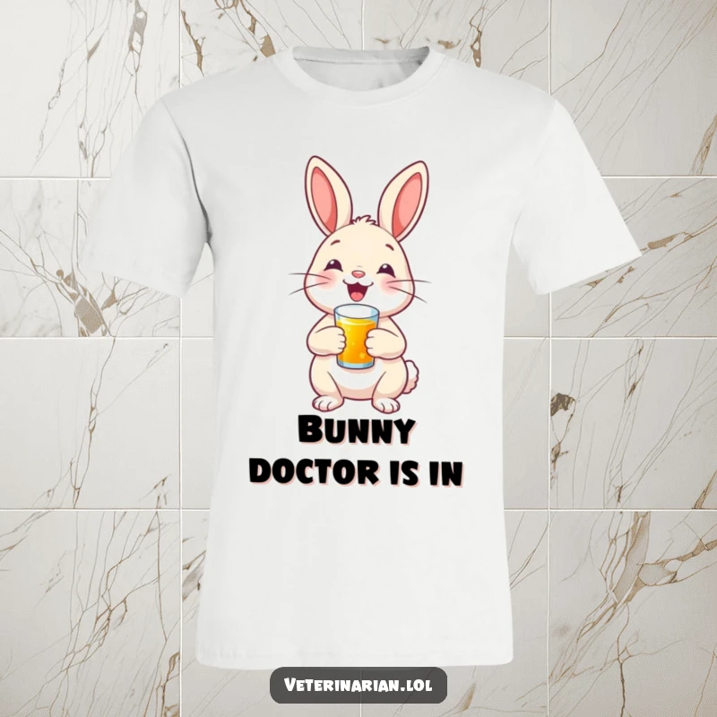 A happy bunny with a proud smile gives a tiny shot, printed on a t-shirt, embodying courageous kindness.