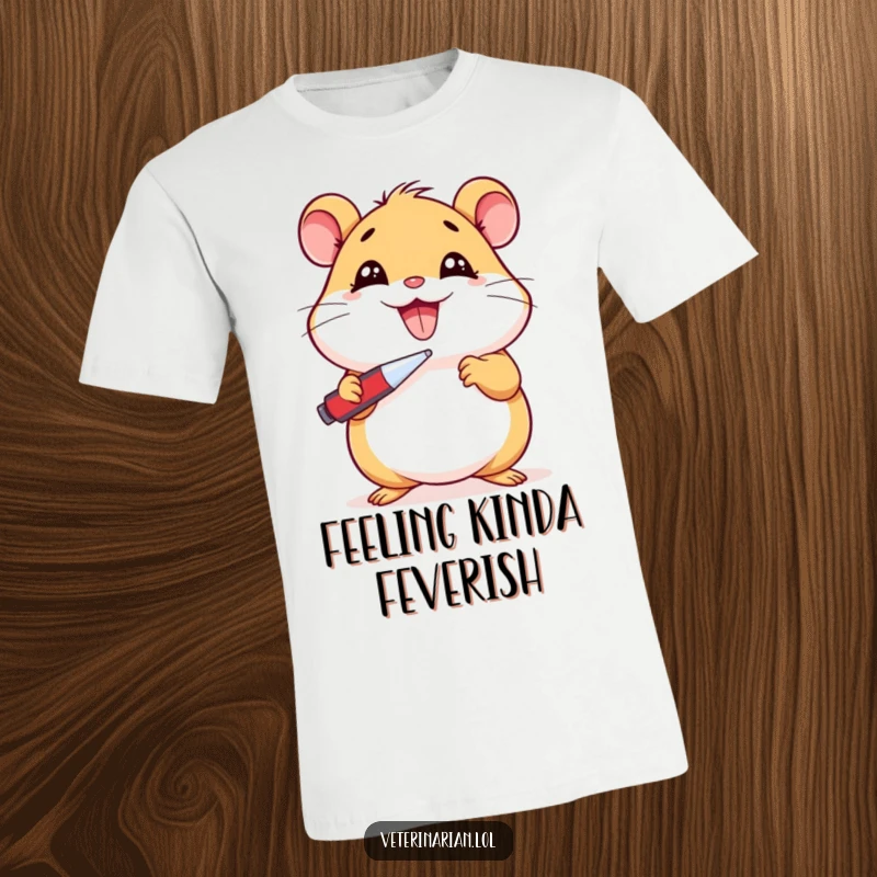 Funny Hamster T-Shirt: A cheerful cartoon hamster holds a thermometer to its cheek, indicating a fever, a humorous take on feeling sick, funny gift.
