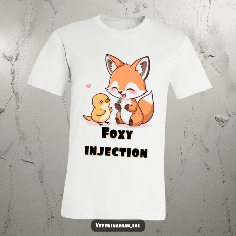 Funny T-Shirt featuring a giggling fox comically pretending to administer a shot to a small bird with a needle.
