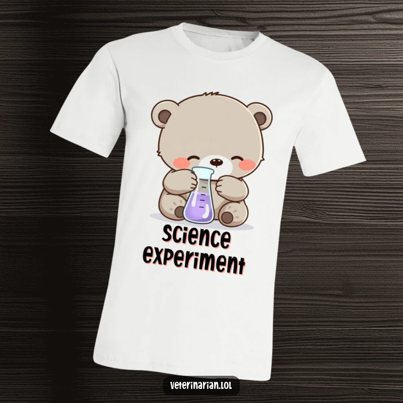 Funny T-shirt with a gentle bear cub carefully measuring liquid in a beaker, showcasing a cute and humorous take on laboratory experiments.