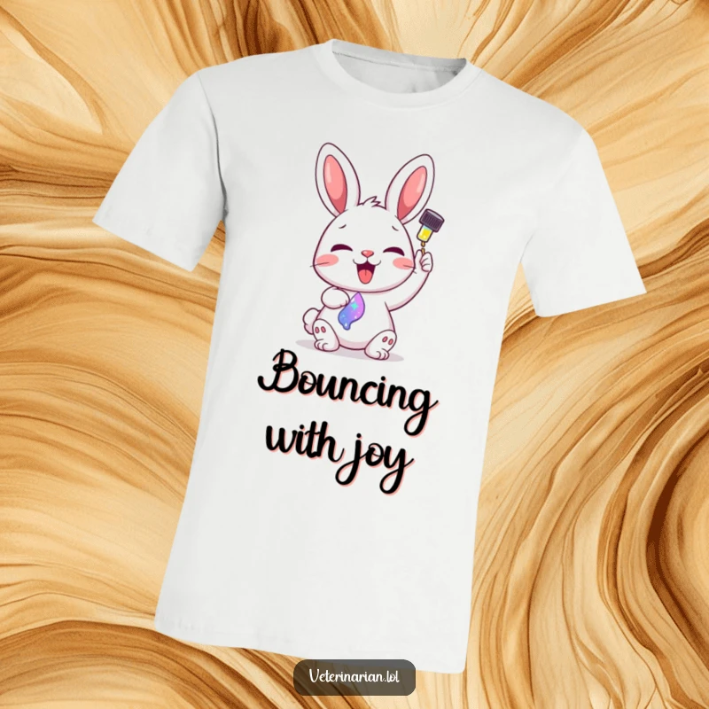 Funny t-shirt featuring a delighted cartoon bunny administering a vibrant, sparkling liquid from a dropper.