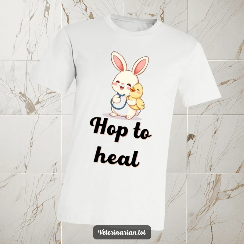 Funny t-shirt with a cheerful bunny doctor wearing a stethoscope, petting a smiling bird patient.