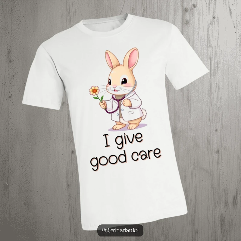 Funny bunny vet t-shirt, dressed in a white coat and holding a stethoscope, inspecting a flower with tenderness. Adorable design.