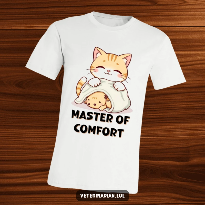 Funny smiling cat t-shirt depicting a cat tenderly placing a soft blanket on a resting creature with love.