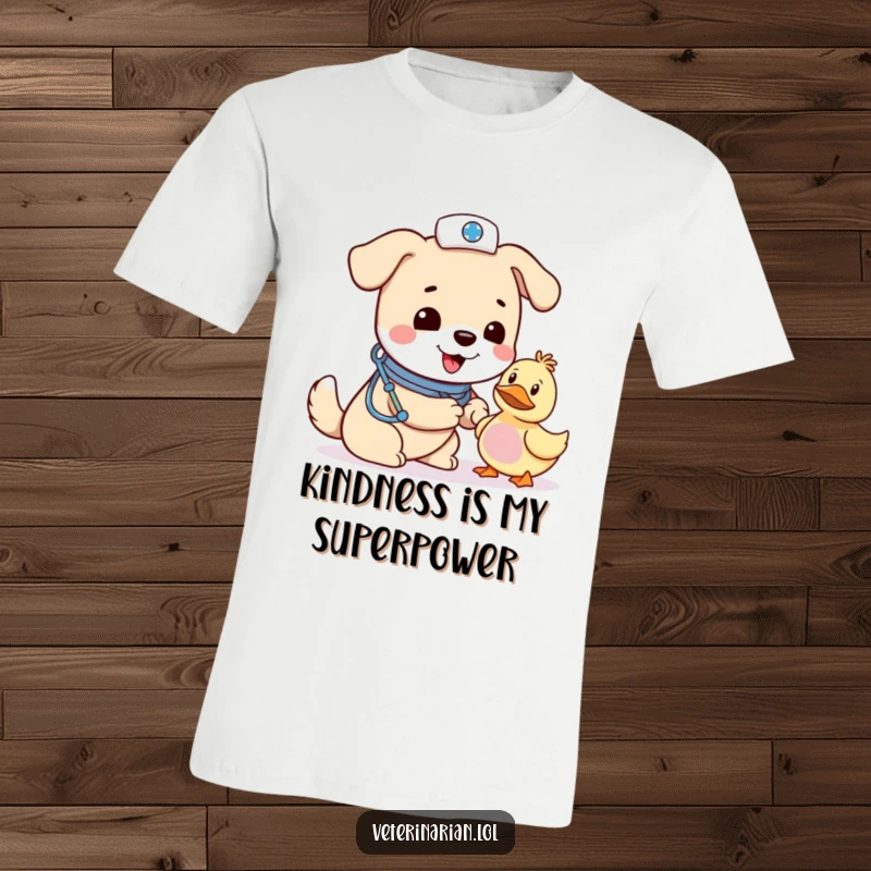 Funny dog vet t-shirt, a cheerful dog wearing a small hat bandages a toy duck with a concerned, caring expression.
