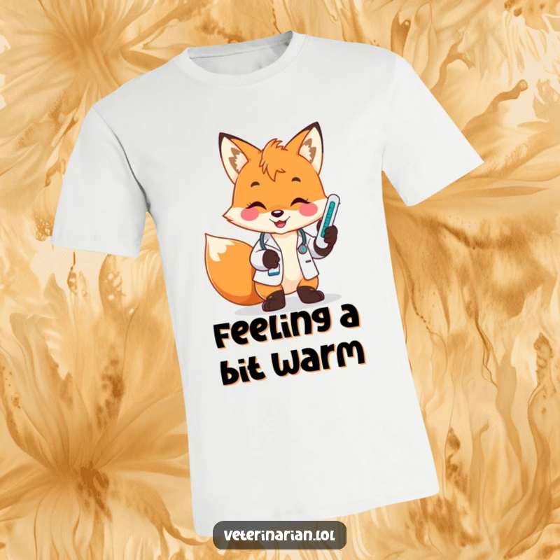 Funny fox vet t-shirt, a playful fox with a big smile holds a thermometer, looking intently at its temperature reading.