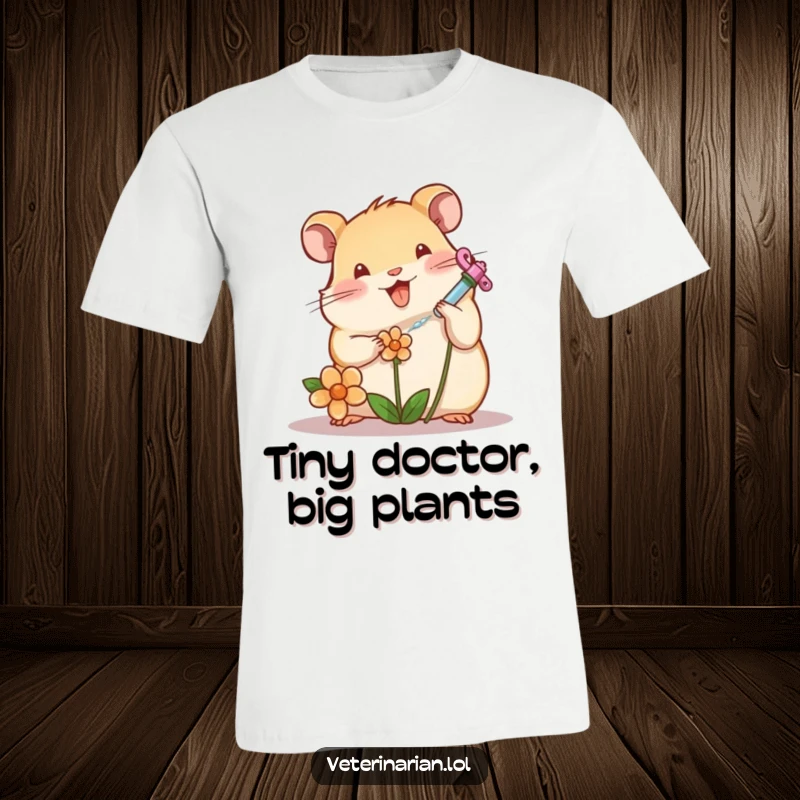 Funny cheerful hamster tending a wilting flower with a tiny syringe on a t-shirt, great funny gift.