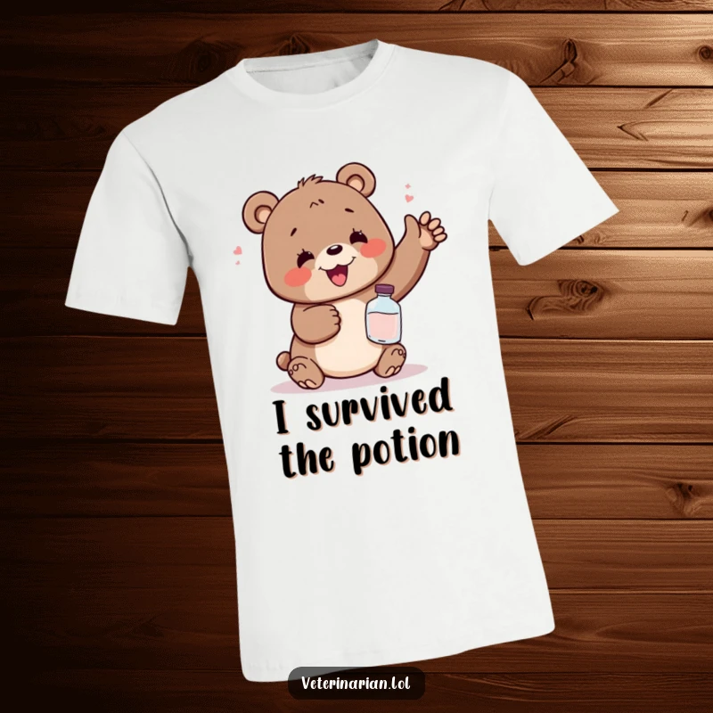 Funny t-shirt showcasing a delighted bear, looking overjoyed and relieved as he holds a small potion bottle, perfect for a good chuckle.