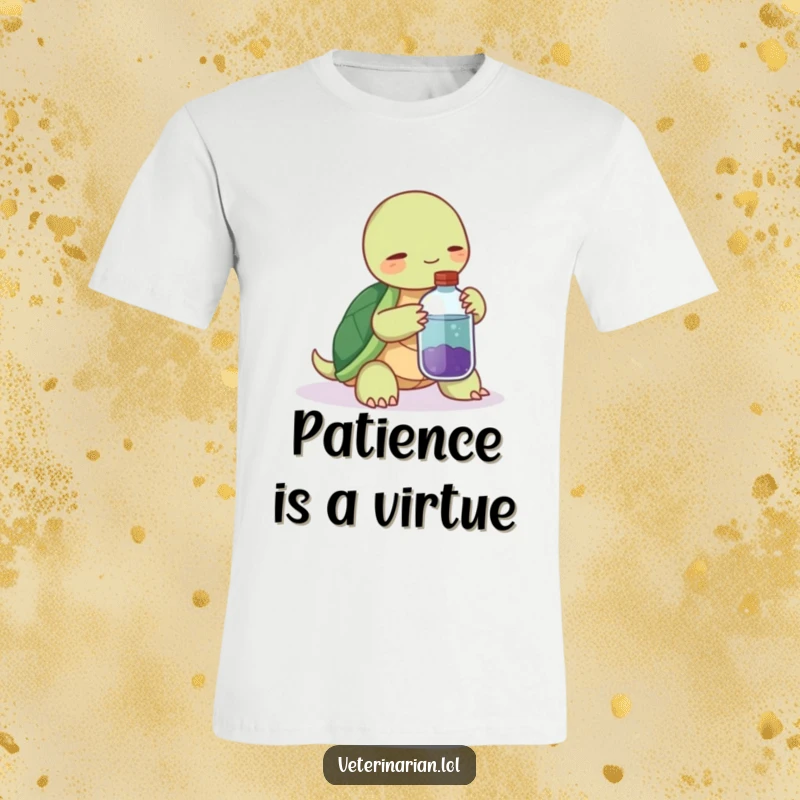 Funny t-shirt depicting a serene turtle kindly offering a potion bottle with a subtle, encouraging nudge.