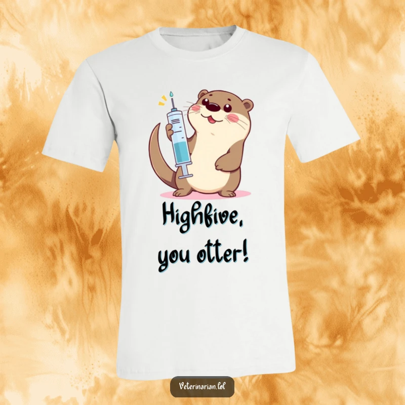 Funny Otter High-Five T-Shirt: A happy otter excitedly offers a high-five with a large syringe, full of playful energy.
