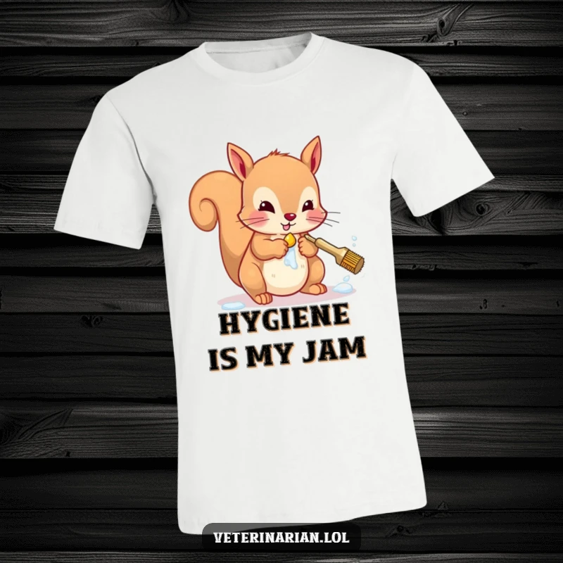 Funny squirrel t-shirt showing a diligent character scrubbing paws with tiny brush and soap, perfect for hygiene lovers.