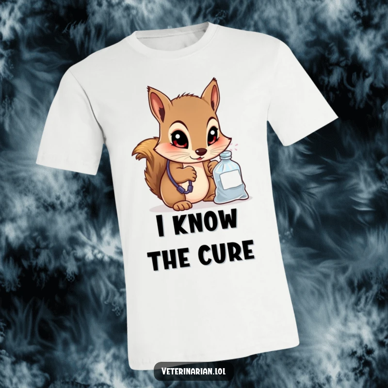 Funny t-shirt featuring a curious squirrel veterinarian peering into a small medicine bag with wide, knowing eyes, emphasizing expertise and intrigue.
