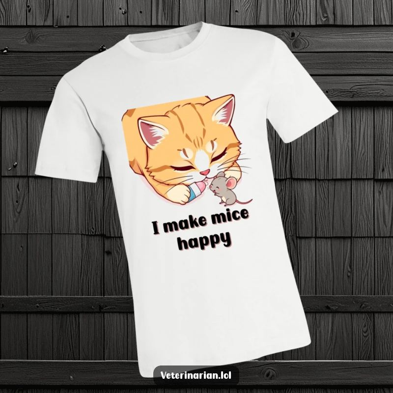 Funny Cat & Mouse T-Shirt: A tender moment where a cat gently offers a pill to a happy little mouse.