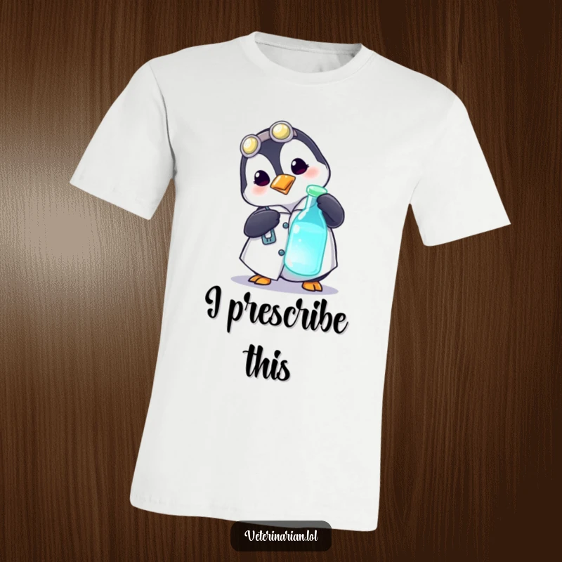 Funny t-shirt depicting a playful penguin wearing a medical coat, curiously poking a glowing vial, perfect for science lovers.