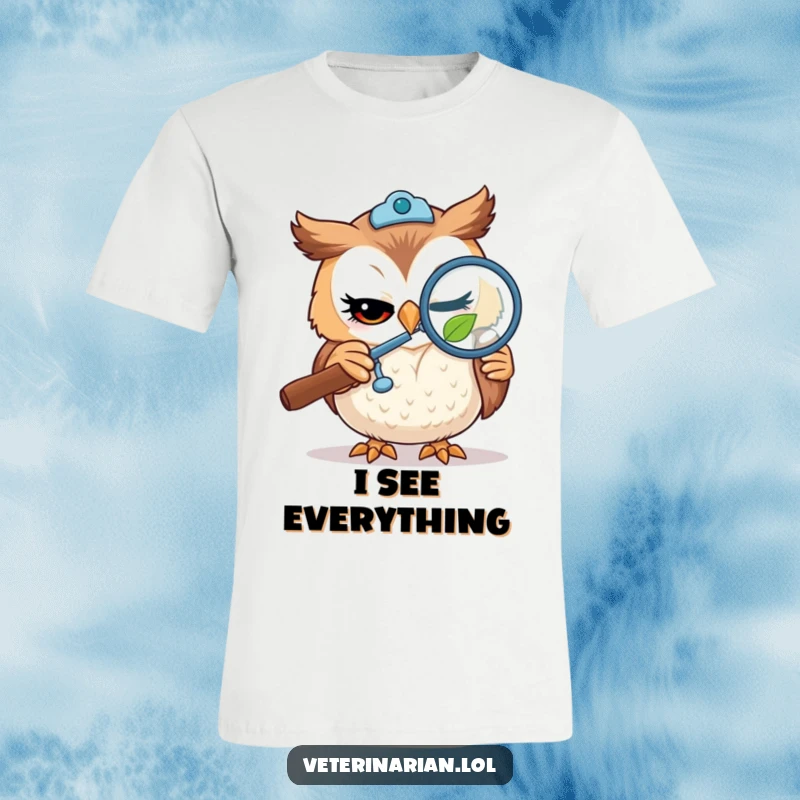 Funny t-shirt featuring a winking owl veterinarian using a magnifying glass to curiously inspect a small leaf, emphasizing meticulous observation.