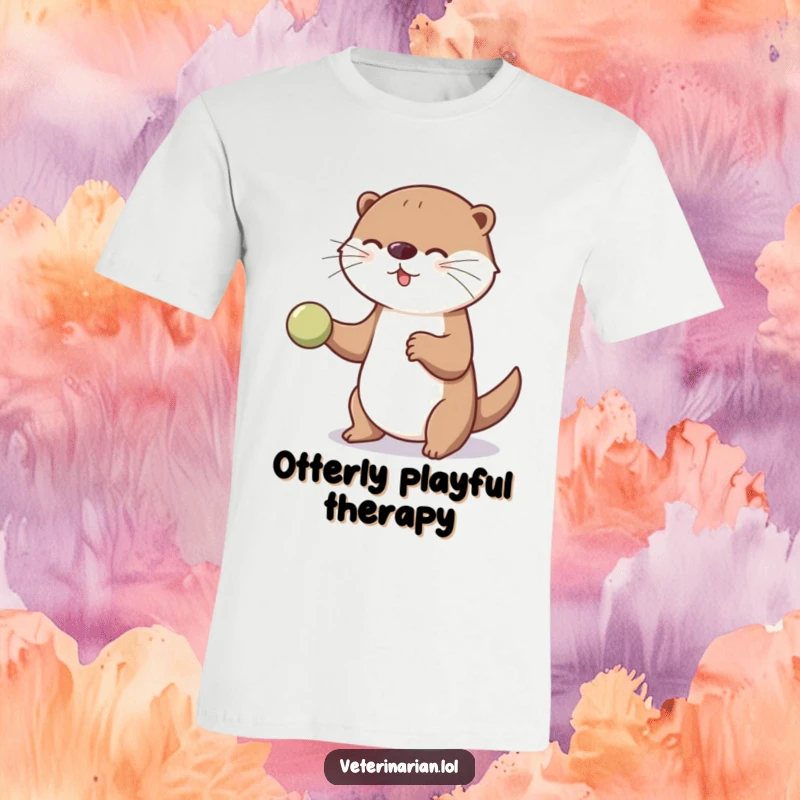 Funny playful otter t-shirt graphic of an otter bouncing a ball for an unseen patient, conveying dedicated, cheerful service.