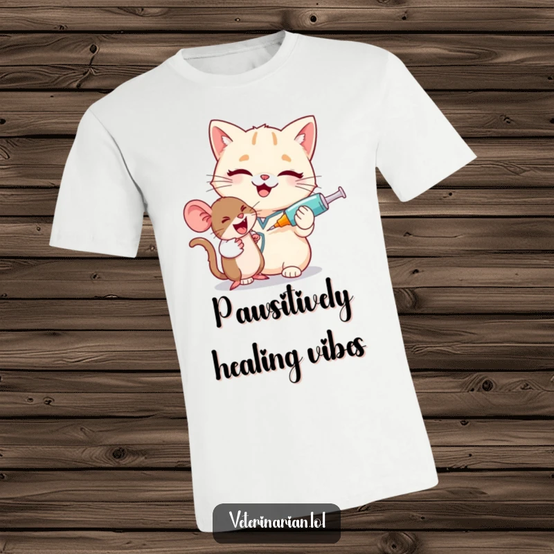Funny cat vet t-shirt, a giggling cat vet winks holding a big syringe, ready to treat a small, happy mouse.