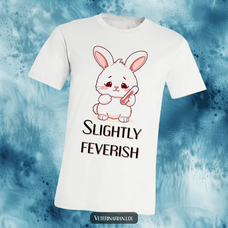 Funny fluffy bunny t-shirt, a rabbit holding a tiny thermometer looks concerned yet happy, showcasing sweet worry and care.