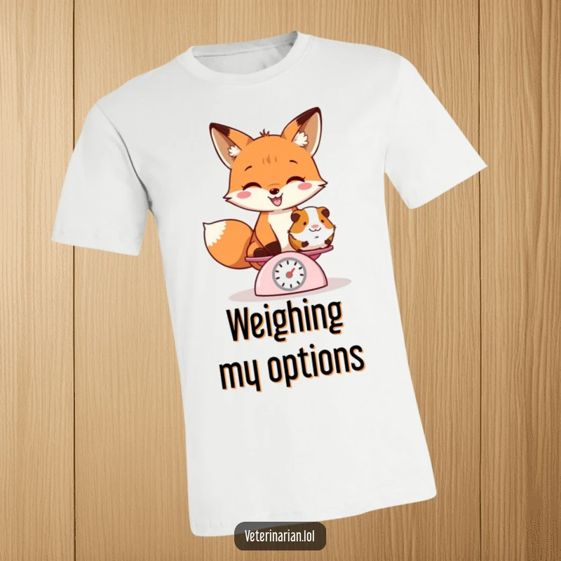 Funny t-shirt depicting a grinning fox carefully weighing a guinea pig on a miniature scale, showing playful curiosity.