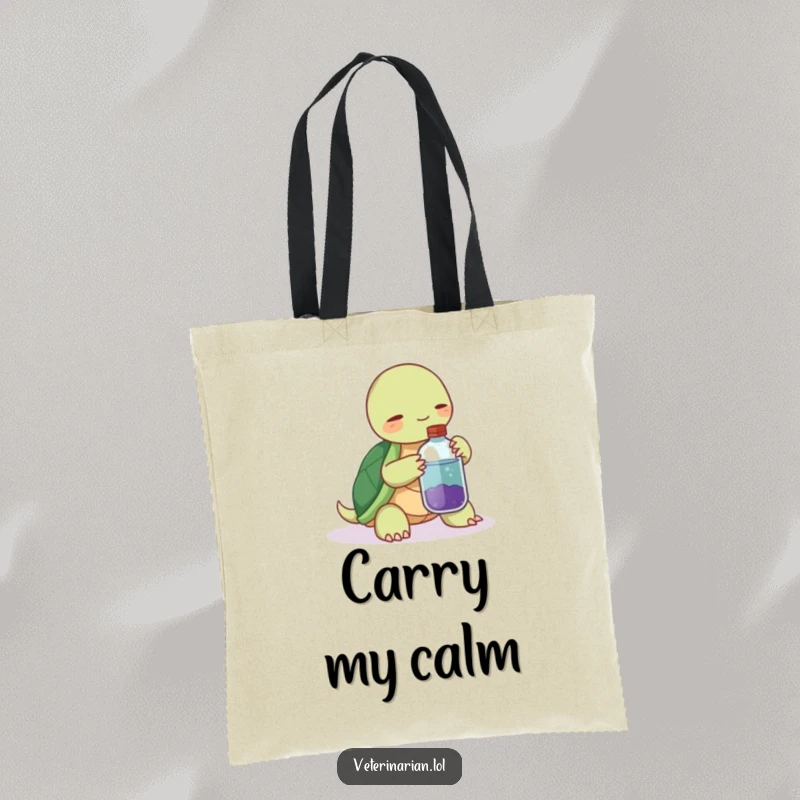 Funny tote bag featuring a tranquil turtle offering a potion bottle, a gentle nudge for a peaceful day.