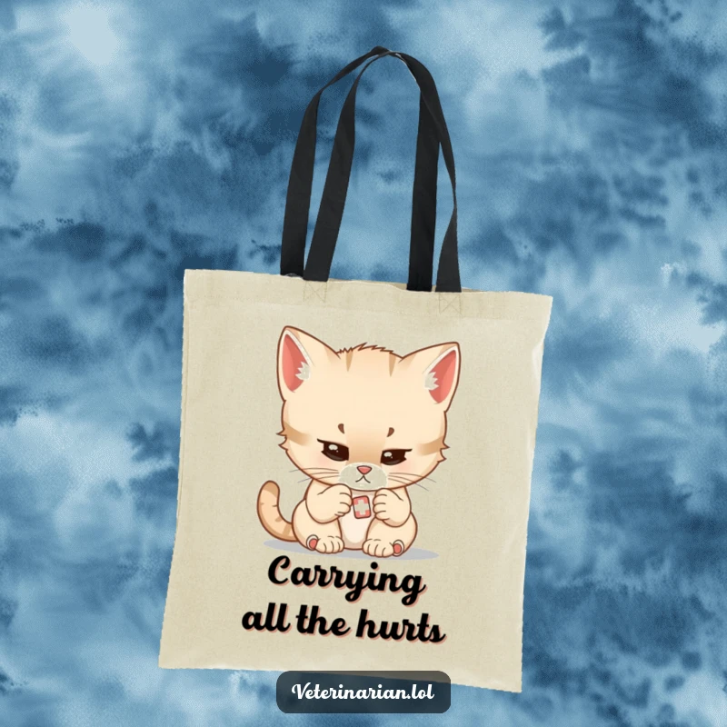 Funny tote bag featuring a focused cartoon kitten doctor gently examining a very small bandage with care.