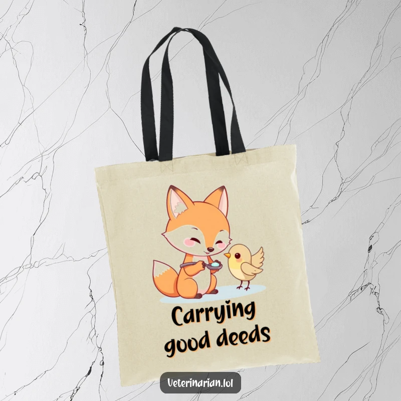 Funny playful fox offering medicine to a tiny bird on a tote bag, funny gift.